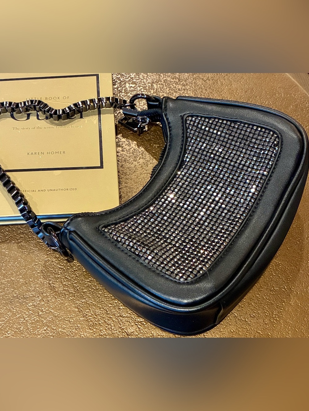 MMS Black Crystal-Embellished Crescent Mini Shoulder Bag